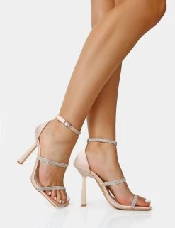 Niko Nude Satin Diamante Barely There Square Toe Stiletto Heels 8 Niko Nude Satin Diamante Barely There Square Toe Stiletto Heels -Chic Footwear Shop 0