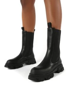 Boston Black Wide Fit Calf High Chunky Sole Boots -Chic Footwear Shop 0000 BOSTON BLK PU 2 a8ef39da 34e1 4283 8851 5743d139a533