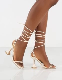 Dymond Off White Lace Up Square Toe Cake Stand Heels -Chic Footwear Shop 0000 DYMOND WHITE PU