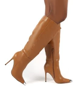 Forgive Tan Pu Wide Fit Heeled Knee High Boots -Chic Footwear Shop 0000 FORGIVEWF TAN PU