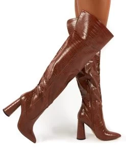 Hometown Wide Fit Tan Croc Over The Knee Heeled Boots -Chic Footwear Shop 0000 HOMETOWN TAN PU 0474c078 fb68 4dec a95b 457d60504c04