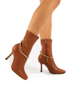 Sacci Camel Wide Fit Chain Detail Square Toe Stiletto Heel Ankle Boots -Chic Footwear Shop 0000 SACCIWF CAMEL PU4