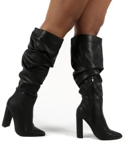 Yours Black Wide Fit PU Heeled Knee High Block Boots -Chic Footwear Shop 0000 YOURSWF BLK PU