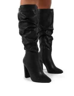 Yours Black Wide Fit PU Heeled Knee High Block Boots