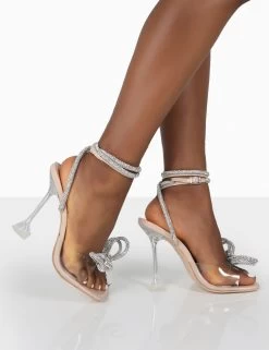 Glimmer Nude Patent Wide Fit Wrap Around Diamante Bow Square Toe Heels -Chic Footwear Shop 000121