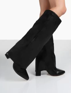 Zendaya Black Pointed Toe Knee High Block Boots -Chic Footwear Shop 000126