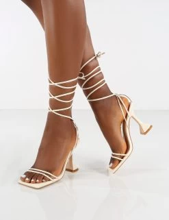 Dymond Off White Lace Up Square Toe Cake Stand Heels -Chic Footwear Shop 0001 DYMOND WHITE PU 3