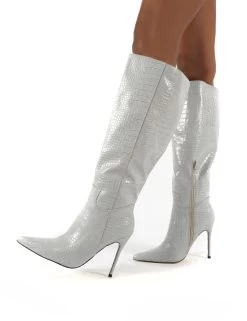 Go Wide Fit Grey Knee High Pointed Toe Stiletto Heeled Boots -Chic Footwear Shop 0001 GOWF GREY PU3