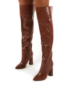 Hometown Wide Fit Tan Croc Over The Knee Heeled Boots -Chic Footwear Shop 0001 HOMETOWN TAN PU3 90e2bde4 6458 49d1 a476 befadf300116