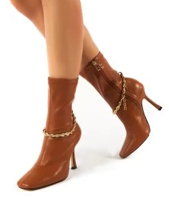 Sacci Camel Wide Fit Chain Detail Square Toe Stiletto Heel Ankle Boots -Chic Footwear Shop 0001 SACCIWF CAMEL PU3