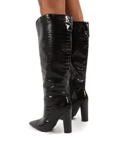 Slow Black Snake Wide Fit Knee High Block Heel Boots -Chic Footwear Shop 0001 SLOW BLK CROCWFPU2