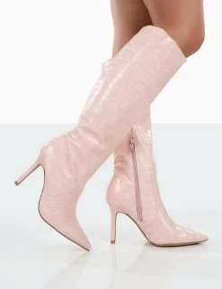 Rosalie Wide Fit Pink Croc Heeled Pointed Toe Knee High Boots -Chic Footwear Shop 0002 68a9d34b 58da 4ace ac84 afd4623ace7c
