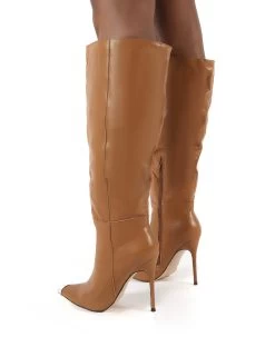Forgive Tan Pu Wide Fit Heeled Knee High Boots -Chic Footwear Shop 0002 FORGIVEWF TAN PU2