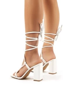 Lois Wide Fit White Strappy Lace Up Block High Heels -Chic Footwear Shop 0002 lois wf white pu 2
