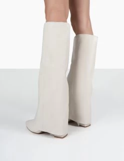 Zendaya Ecru Pointed Toe Knee High Block Boots -Chic Footwear Shop 000314