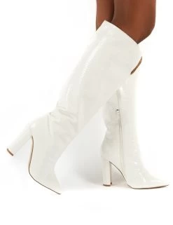 Slow White Snake Wide Fit Knee High Block Heel Boots -Chic Footwear Shop 0003 SLOWWF WHITE PU