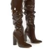 Yours Chocolate Wide Fit Patent Heeled Knee High Block Boots -Chic Footwear Shop 0003 YOURSWF CHOC PU1