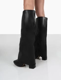 Zendaya Black Pointed Toe Knee High Block Boots -Chic Footwear Shop 000414