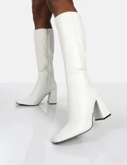 Apology White Pu Knee High Block Heel Boots -Chic Footwear Shop 000431