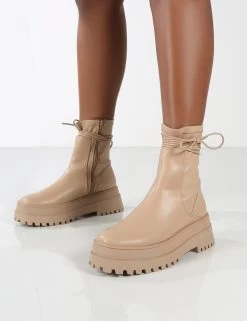 Finale Wide Fit Nude Chunky Sole Ankle Wrap Boots -Chic Footwear Shop 0004 FINALE NUDE PU 3