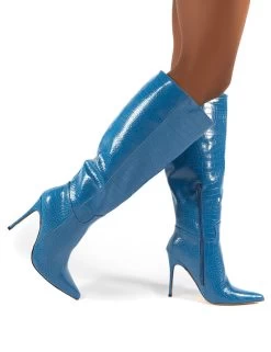 Go Wide Fit Blue Knee High Pointed Toe Stiletto Heeled Boots -Chic Footwear Shop 0004 GOWF BLUE PU