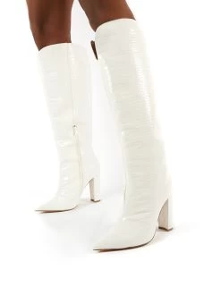Slow White Snake Wide Fit Knee High Block Heel Boots -Chic Footwear Shop 0004 SLOWWF WHITE PU3
