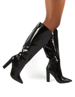 Slow Black Snake Wide Fit Knee High Block Heel Boots -Chic Footwear Shop 0004 SLOW BLKCROCWF PU4