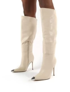 Forgive Stone Pu Wide Fit Heeled Knee High Boots -Chic Footwear Shop 0005 FORGIVEWF BONE PU3