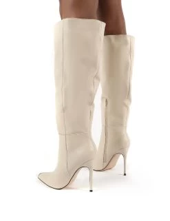 Forgive Stone Pu Wide Fit Heeled Knee High Boots -Chic Footwear Shop 0006 FORGIVEWF BONE PU2