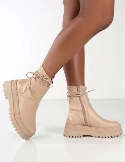 Finale Wide Fit Nude Chunky Sole Ankle Wrap Boots -Chic Footwear Shop 0007 FINALE NUDE PU