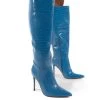 Go Wide Fit Blue Knee High Pointed Toe Stiletto Heeled Boots -Chic Footwear Shop 0007 GOWF BLUE PU1