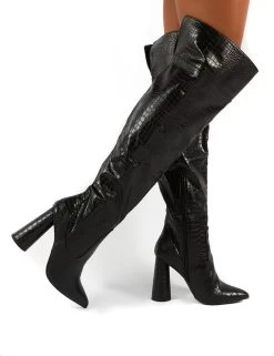 Hometown Wide Fit Black Croc Over The Knee Heeled Boots -Chic Footwear Shop 0008 HOMETOWN BLK PU c7635997 2d4d 4784 80a4 77daed238cc0