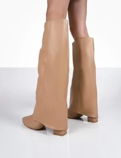 Zendaya Nude Pointed Toe Knee High Block Boots -Chic Footwear Shop 00093