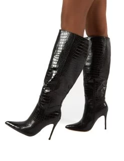 Go Wide Fit Black Knee High Pointed Toe Stiletto Heeled Boots -Chic Footwear Shop 0009 GOWF BLK PU3