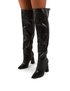 Hometown Wide Fit Black Croc Over The Knee Heeled Boots -Chic Footwear Shop 0009 HOMETOWN BLK PU3 f75f2f5f a378 4b83 8bed ecf031ae20a9