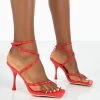 Back Up Red Pu Square Toe Strappy Mid Heels