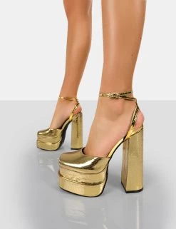 Moonchild Gold Croc Closed Toe Statement Platform Block Heels -Chic Footwear Shop 00123