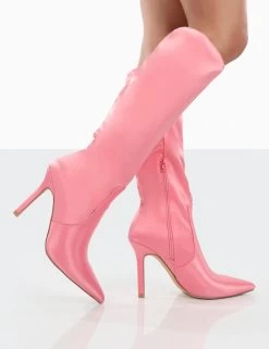 Best Believe Pink Satin Pointed Toe Stiletto Heeled Knee High Boots 9 Best Believe Pink Satin Pointed Toe Stiletto Heeled Knee High Boots -Chic Footwear Shop 00132