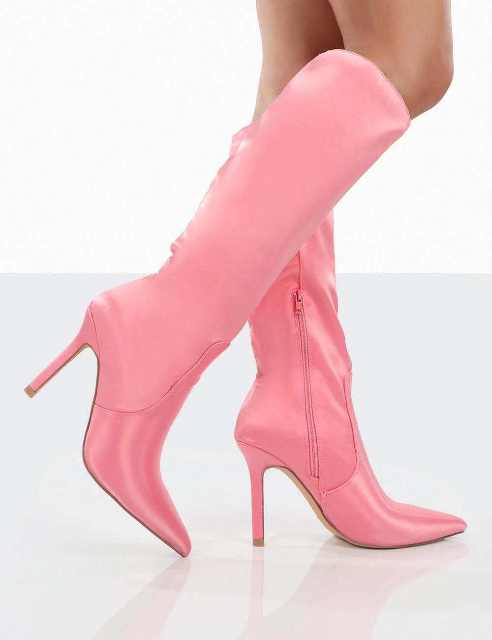 Best Believe Pink Satin Pointed Toe Stiletto Heeled Knee High Boots 6 Best Believe Pink Satin Pointed Toe Stiletto Heeled Knee High Boots - Image 4