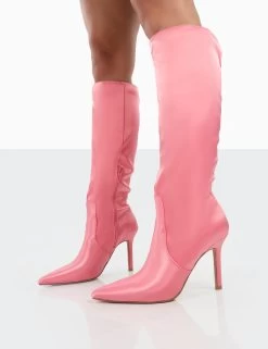 Best Believe Pink Satin Pointed Toe Stiletto Heeled Knee High Boots 8 Best Believe Pink Satin Pointed Toe Stiletto Heeled Knee High Boots -Chic Footwear Shop 00161 7b570204 042a 40bd 9876 40afc63469b2