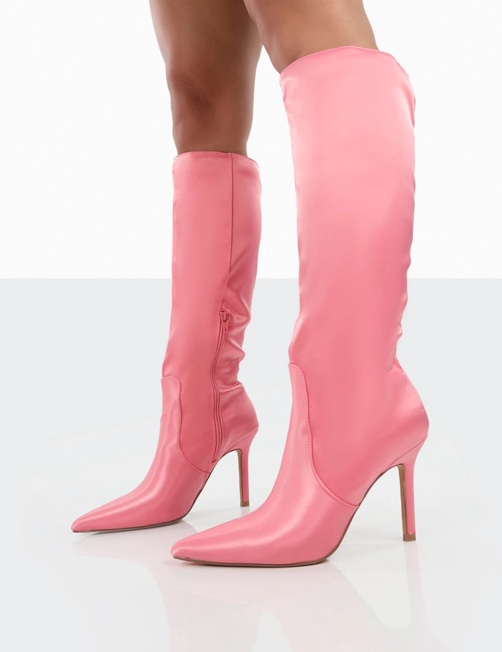 Best Believe Pink Satin Pointed Toe Stiletto Heeled Knee High Boots 5 Best Believe Pink Satin Pointed Toe Stiletto Heeled Knee High Boots - Image 3