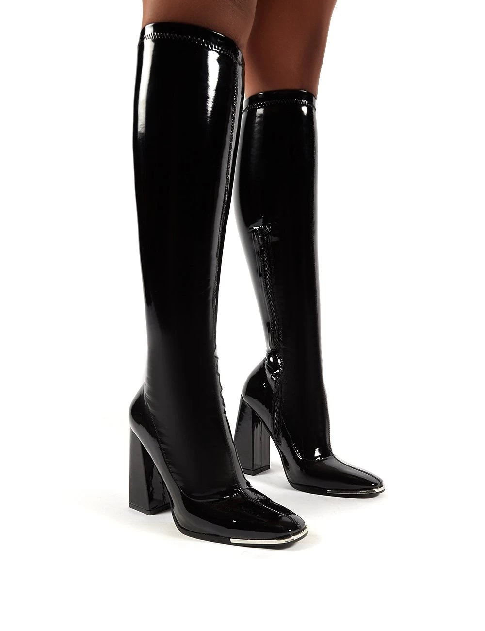 Caryn Black Vinyl Wide Fit Block Heeled Knee High Boots 3 Caryn Black Vinyl Wide Fit Block Heeled Knee High Boots