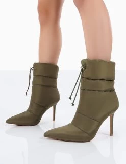 Kenza X Public Desire Reset Green Nylon Stiletto Padded Heeled Ankle Boots -Chic Footwear Shop 0046
