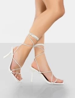 Euphoria White Croc Square Toe Lace Up Mid Heels -Chic Footwear Shop 00521