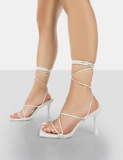 Euphoria White Croc Square Toe Lace Up Mid Heels -Chic Footwear Shop 00551