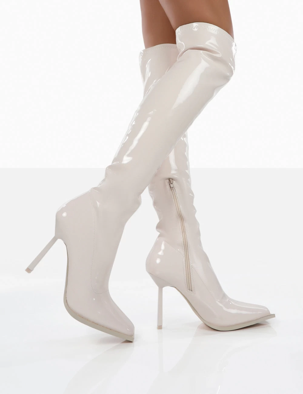 Jenine Ecru Patent Over The Knee Stiletto Heeled Boots 4 Jenine Ecru Patent Over The Knee Stiletto Heeled Boots - Image 2