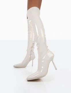 Jenine Ecru Patent Over The Knee Stiletto Heeled Boots 8 Jenine Ecru Patent Over The Knee Stiletto Heeled Boots -Chic Footwear Shop 0073 b10cb489 d18c 40f5 a2ac bd8dffc0200a