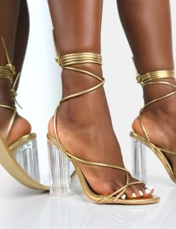 Clara Metallic Gold Pu Strappy Lace Up Round Toe Clear Perspex Heels 8 Clara Metallic Gold Pu Strappy Lace Up Round Toe Clear Perspex Heels -Chic Footwear Shop 16