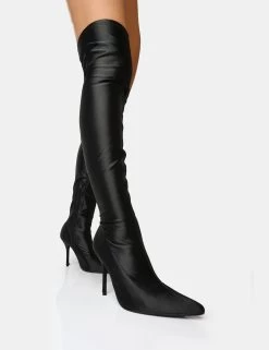 Instinct Black Lycra Pointed Toe Stiletto Thigh High Boots -Chic Footwear Shop 17