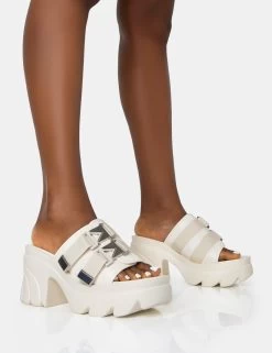 Oslo Cream Buckle Mule Platform Mid Heel Sandals
